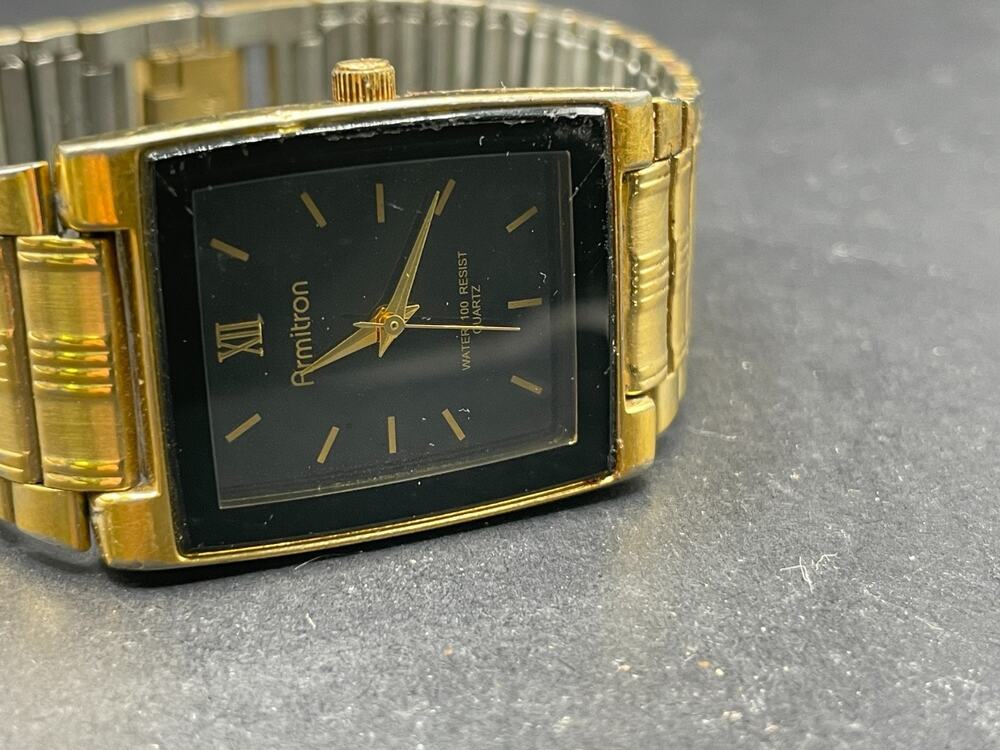 Vintage Armitron Mens Watch Gold Tone Tank Quartz Black Dial 20/1576 100ft 25mm